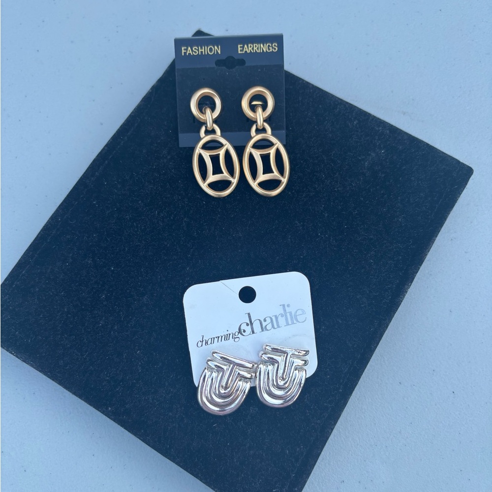 Charming Charlie Silver Earrings 1.5” long and Hanging gold earrings 2” long.